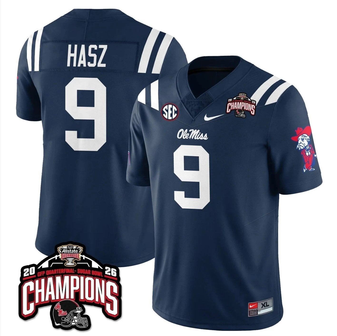Luke Hasz Jersey #9 Ole Miss Sugar Bowl Champions Patch Stitched Navy by NCAA Football Jersey