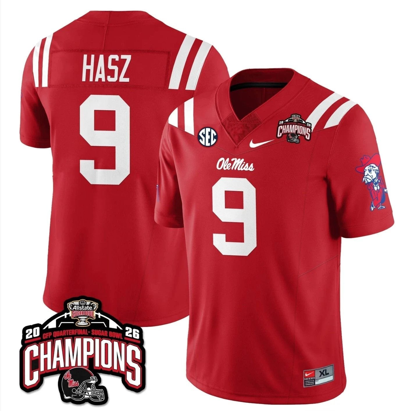 Luke Hasz Jersey #9 Ole Miss Sugar Bowl Champions Patch Stitched Red by NCAA Football Jersey