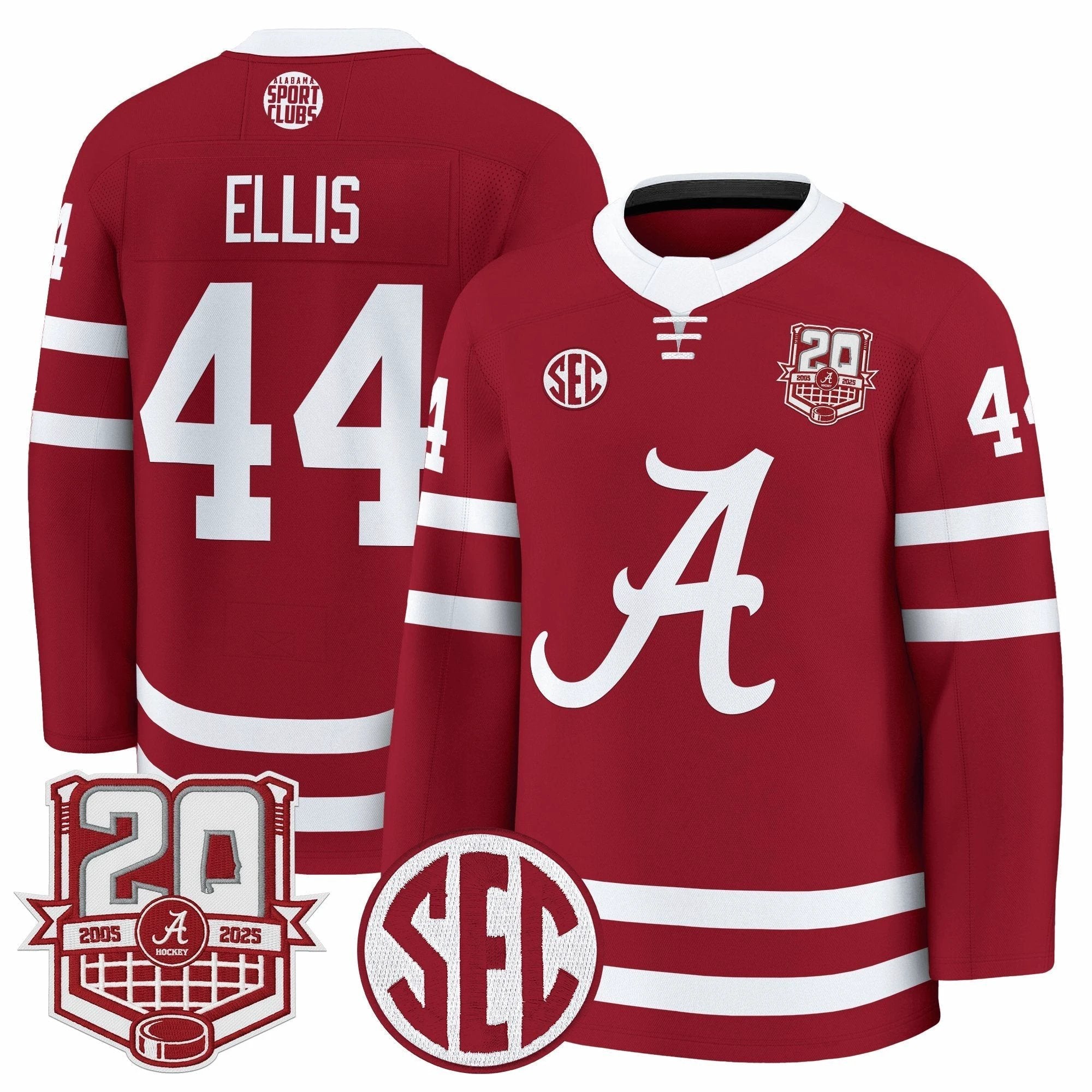 Luke Ellis Jersey #44 Alabama Crimson Tide 2025-26 Premium 20th Anniversary Patch Stitched by Hockey David