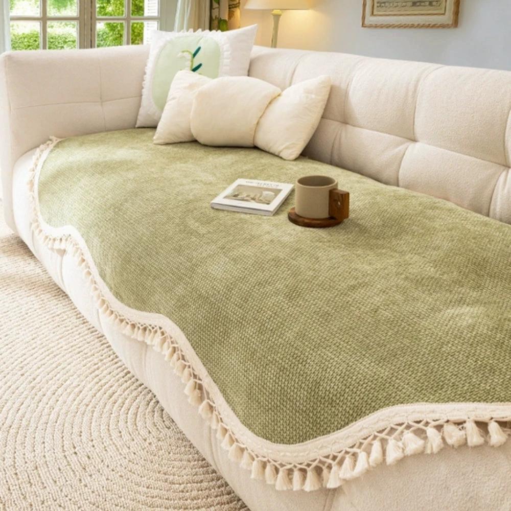 Luxury Chenille Woven Texture Tassel Sofa Cover by Casa & Beyond