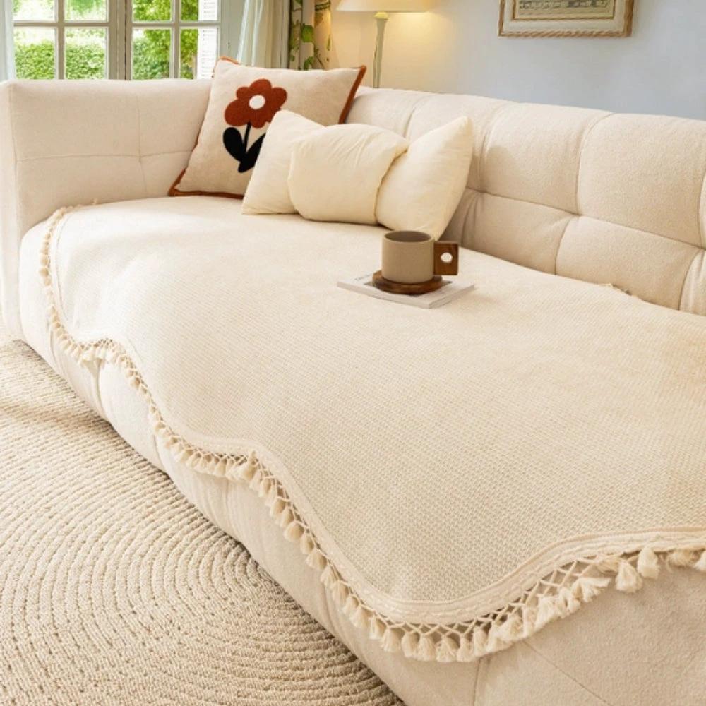 Luxury Chenille Woven Texture Tassel Sofa Cover by Casa & Beyond