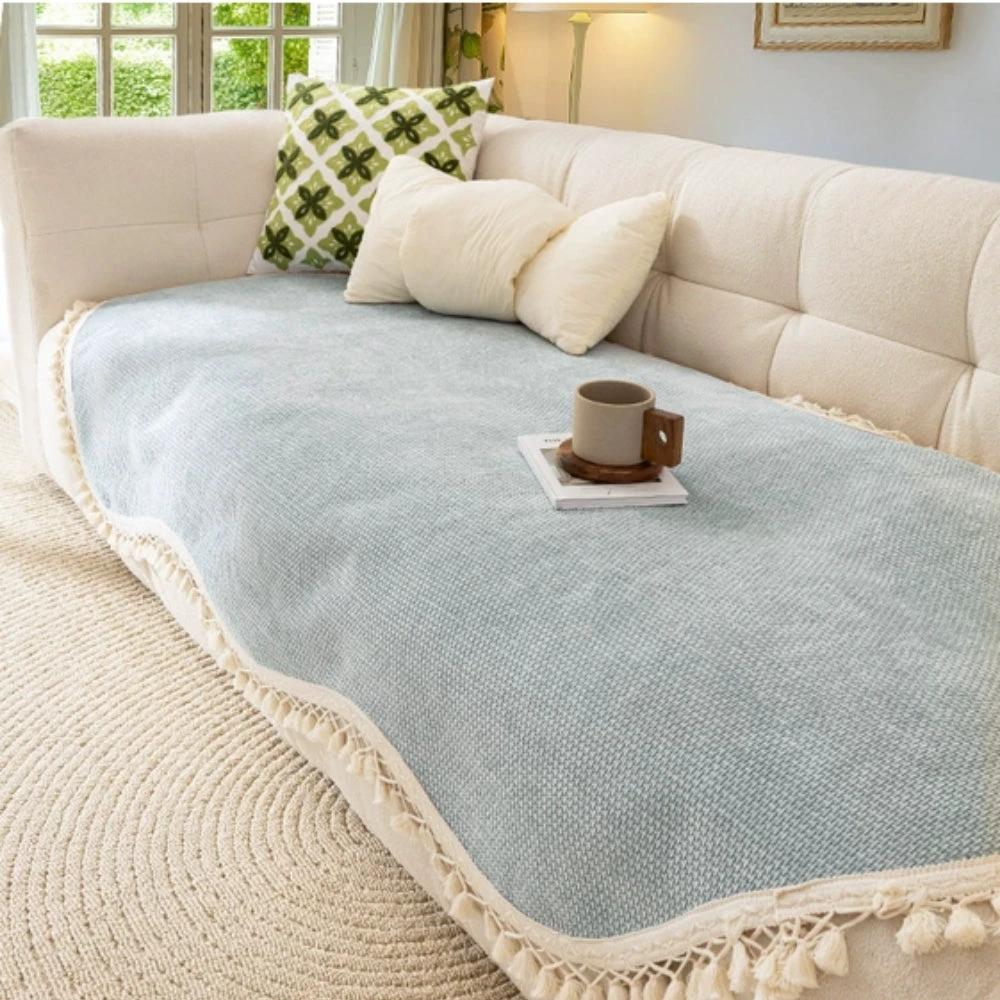 Luxury Chenille Woven Texture Tassel Sofa Cover by Casa & Beyond