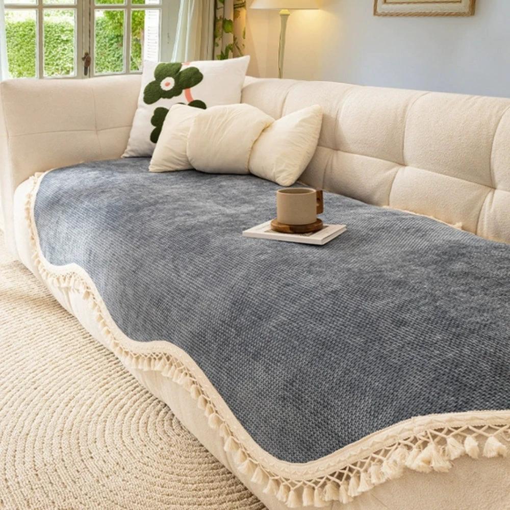 Luxury Chenille Woven Texture Tassel Sofa Cover by Casa & Beyond