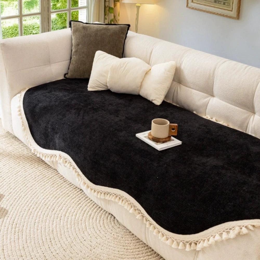 Luxury Chenille Woven Texture Tassel Sofa Cover by Casa & Beyond