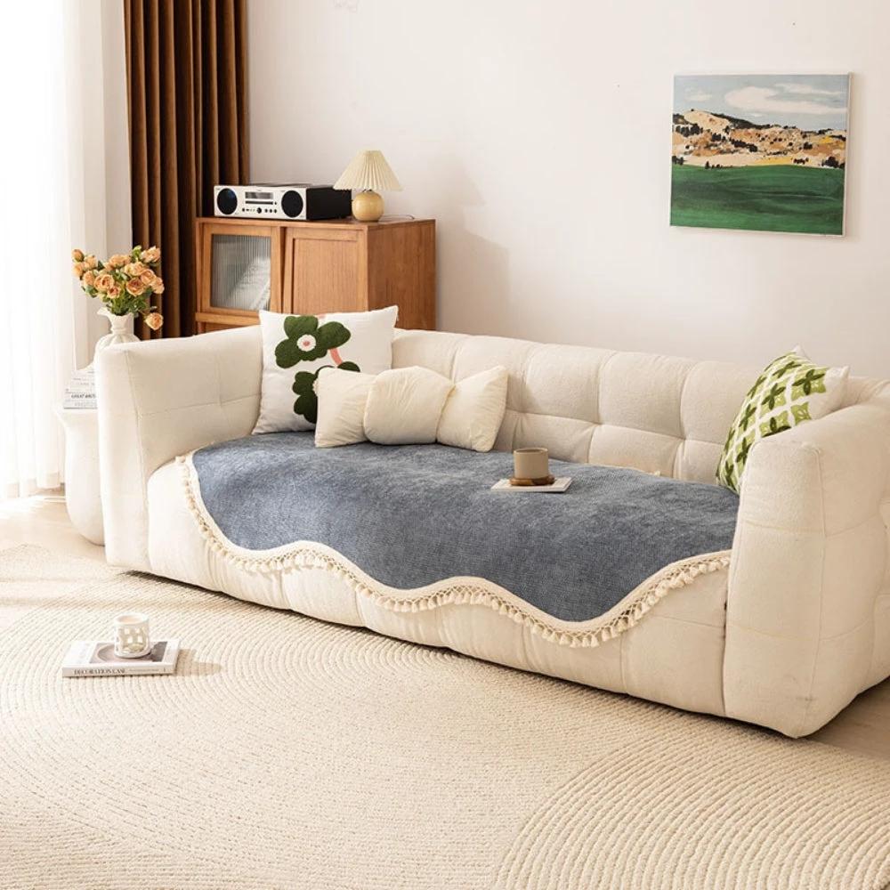 Luxury Chenille Woven Texture Tassel Sofa Cover by Casa & Beyond