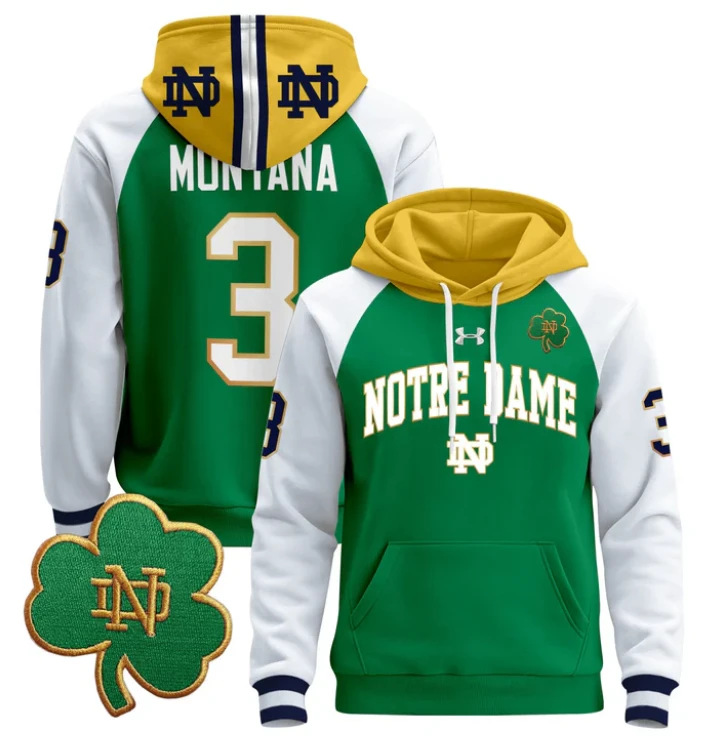 Men's Joe Montana Hoodie #3 Notre Dame Pullover Stitched by Hoodie Pullover