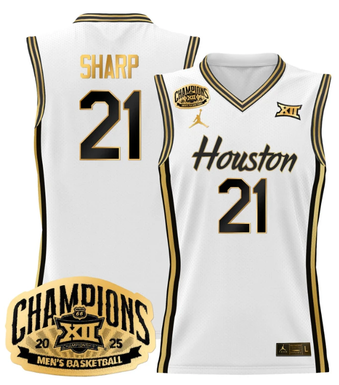 Men Emanuel Sharp Jersey #21 Houston Cougar 2025 Big 12 Champions White Gold by My store basketball