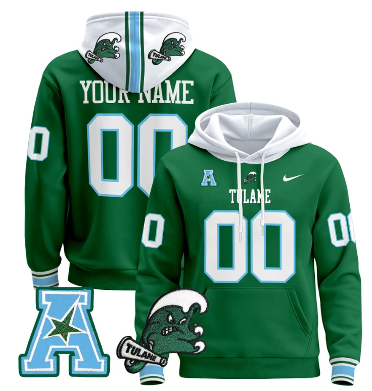 Custom Tulane Green Wave Hoodie Name, Number Pullover Blue Alternate by Hoodie Pullover