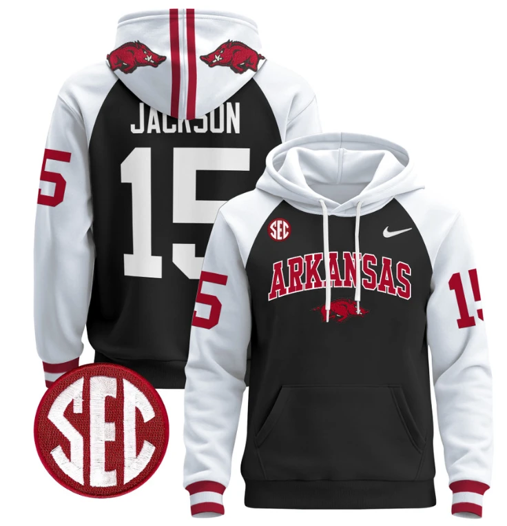 KJ Jackson Hoodie #15 Arkansas Razorbacks Pullover Black by Hoodie Pullover