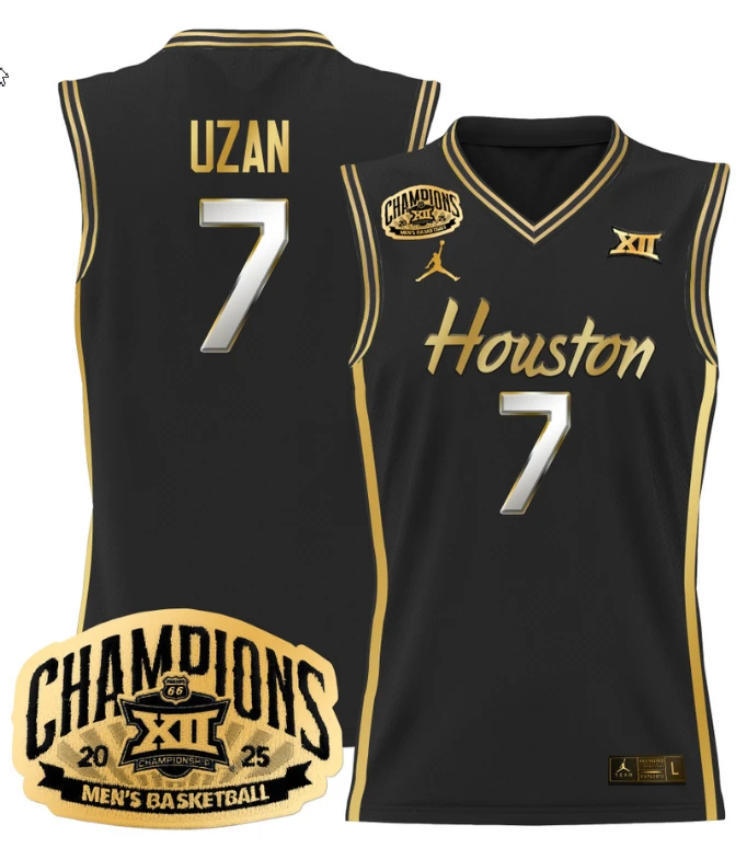 Men Milos Uzan Jersey #7 Houston Cougar 2025 Big 12 Champions Black Gold by My store basketball