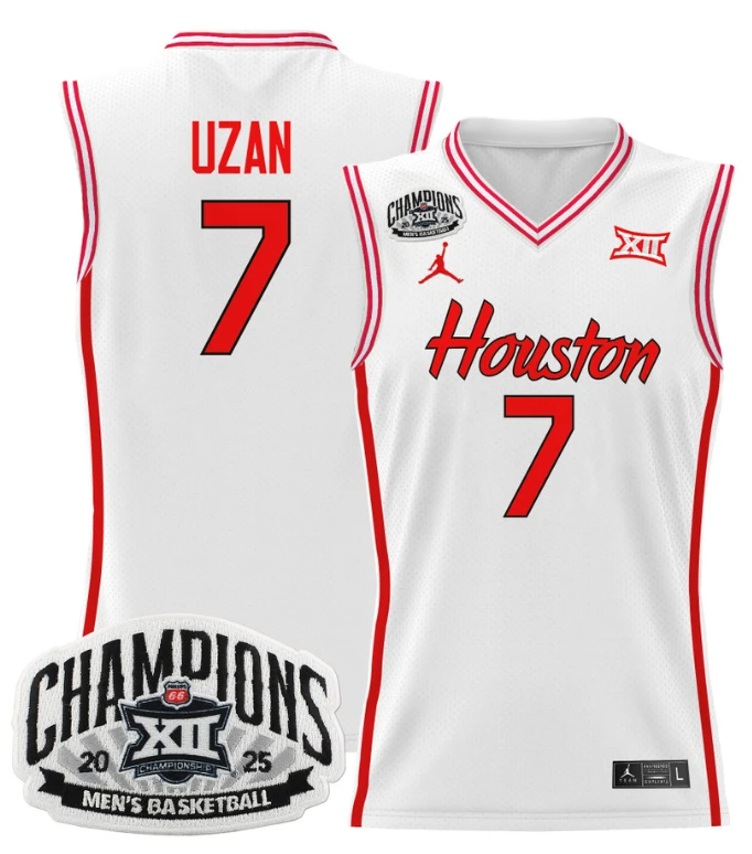 Men Milos Uzan Jersey #7 Houston Cougar 2025 Big 12 Champions Stitched White by My store basketball
