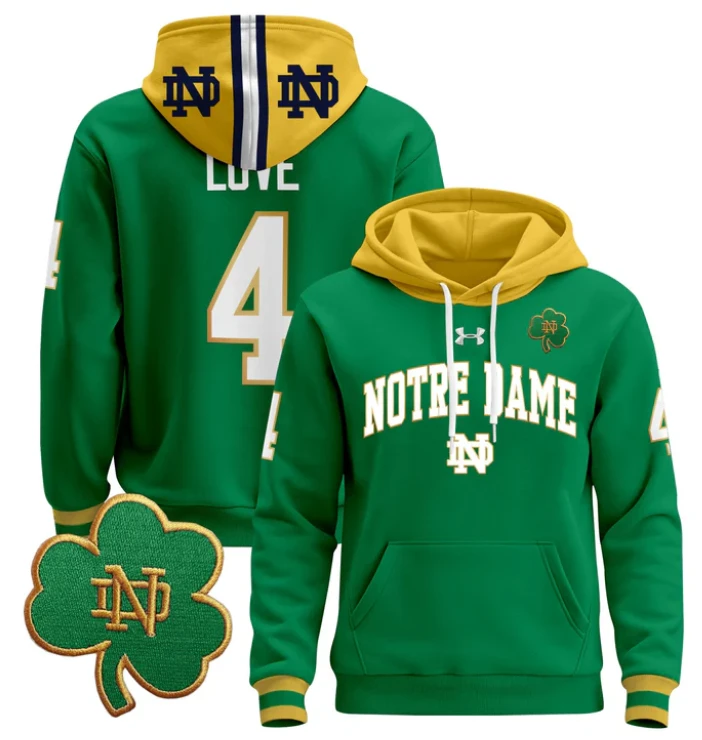 Men's Jeremiyah Love Hoodie #4 Notre Dame Fighting Irish Pullover by Hoodie Pullover