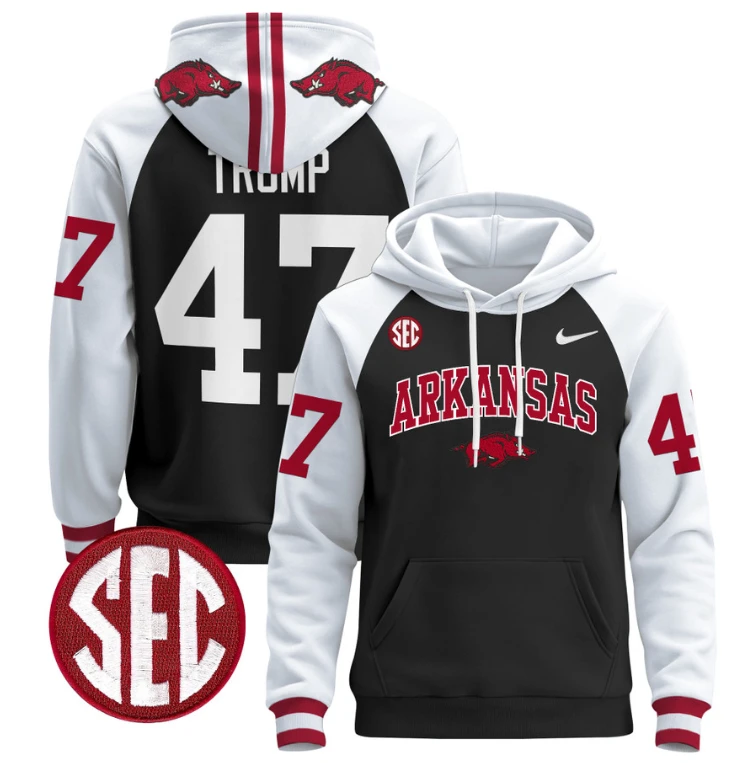 Donald Trump Hoodie #47 Arkansas Razorbacks Pullover Black White by Hoodie Pullover