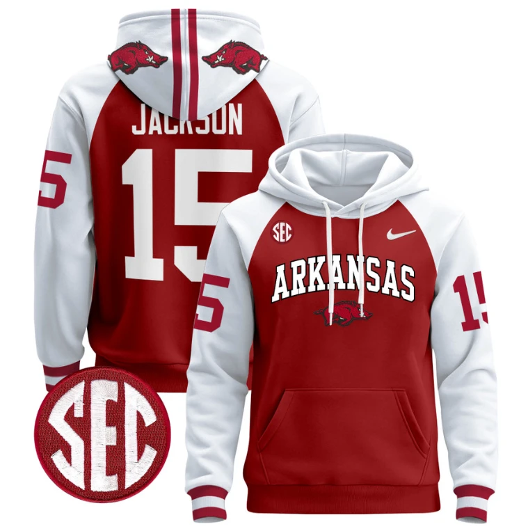 KJ Jackson Hoodie #15 Arkansas Razorbacks Pullover Black by Hoodie Pullover
