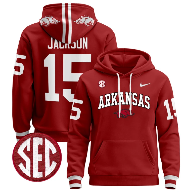 KJ Jackson Hoodie #15 Arkansas Razorbacks Pullover Black by Hoodie Pullover