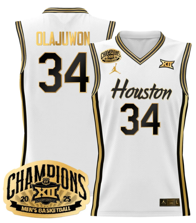Men Hakeem Olajuwon Jersey #34 Houston Cougar 2025 Big 12 Champions White Gold by My store basketball