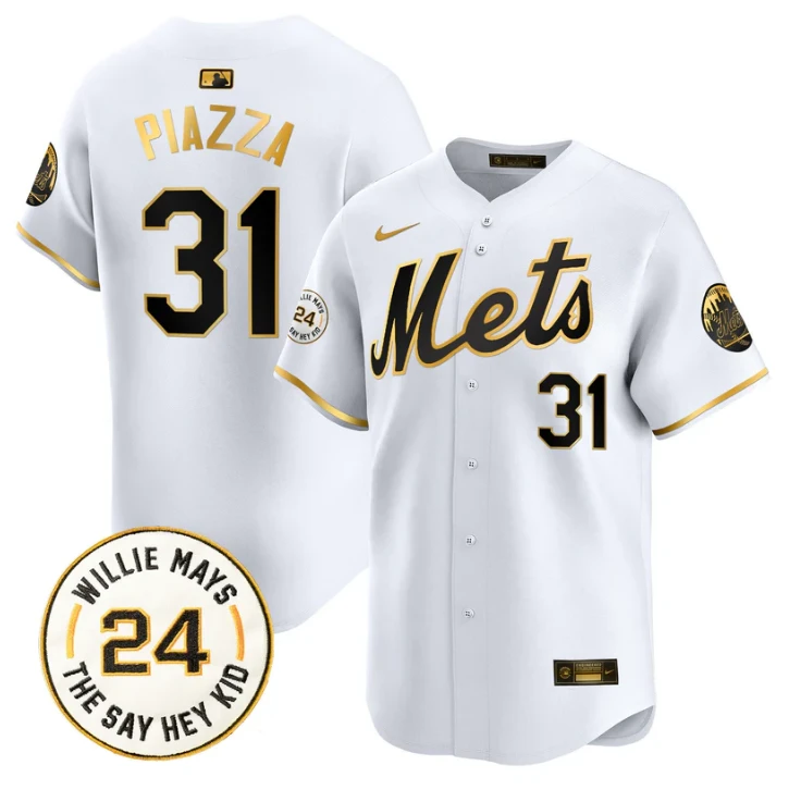 Mike Piazza Jersey #31 Mets Willie Mays Patch Vapor Premier Limited Stitched White Gold by My Store