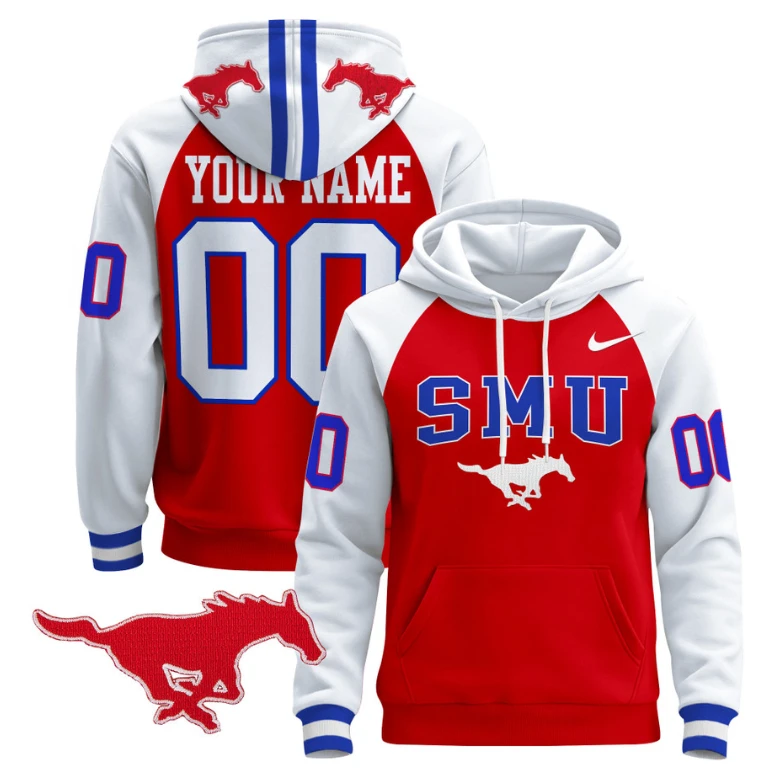 Men's Custom SMU Mustangs Hoodie 2024 Pullover V2 Stitched by Hoodie Pullover