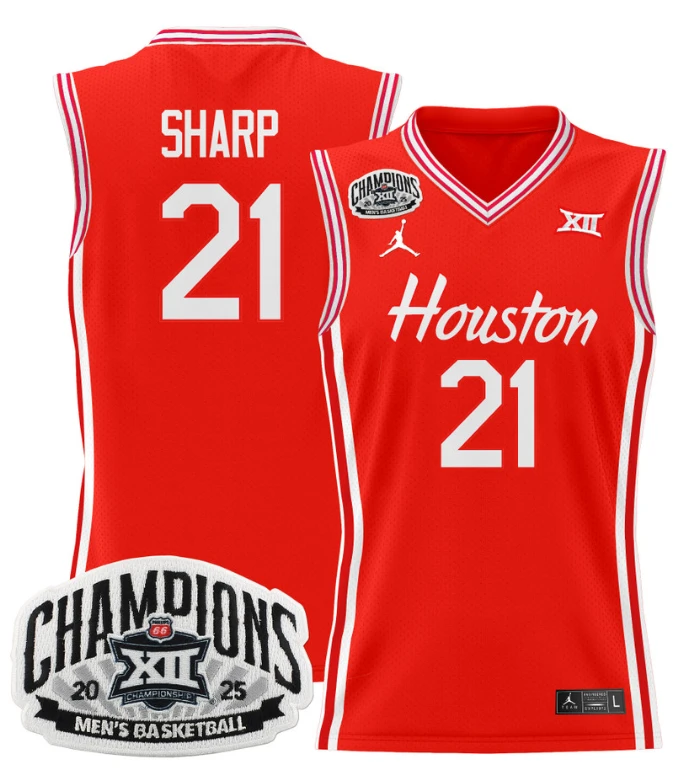 Men Emanuel Sharp Jersey #21 Houston Cougar 2025 Big 12 Champions Red by My store basketball