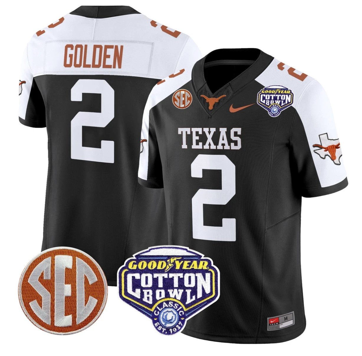 Matthew Golden Jersey #2 Texas Longhorns Cotton Bowl Patch Black Alternate by NCAA Football Jersey