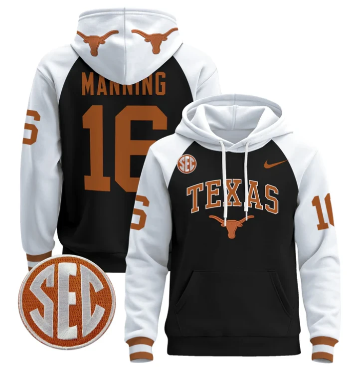 Men's Arch Manning Hoodie #16 Texas Longhorns Pullover Stitched by Hoodie Pullover