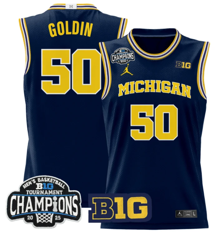 Men Vladislav Goldin Jersey #50 Michigan Wolverines 2025 Big Ten Champions Navy by My store basketball