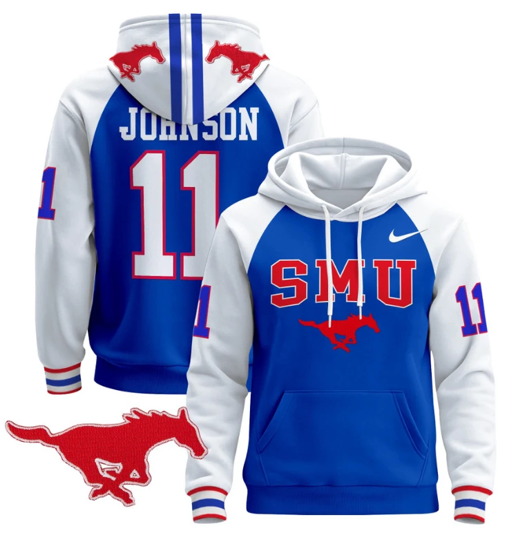 Men's LJ Johnson Jr Hoodie #11 SMU Mustangs Pullover V2 Stitched by Hoodie Pullover