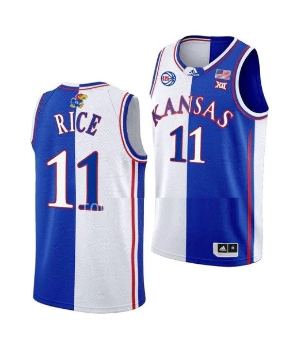Men's #11 M.J. Rice Jersey Kansas Jayhawks College Basketball Jerseys Blue White Split by My store basketball