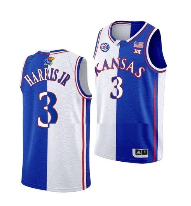 Men's #3 Dajuan Harris Jr Jersey Kansas Jayhawks College Basketball Jerseys White Royal Split by My store basketball