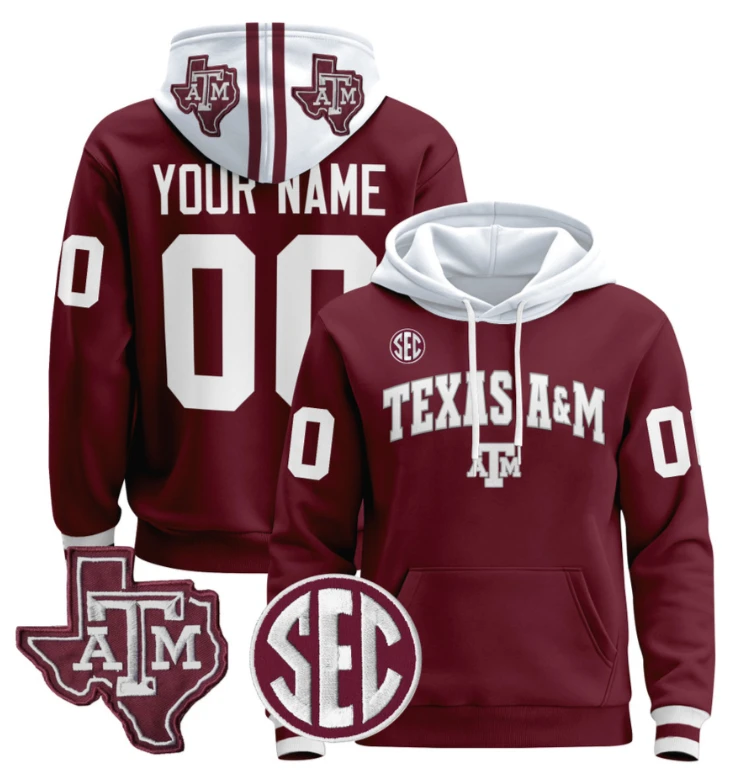 Custom Texas A&M Aggies Hoodie Name, Number Pullover Stitched Black by Hoodie Pullover