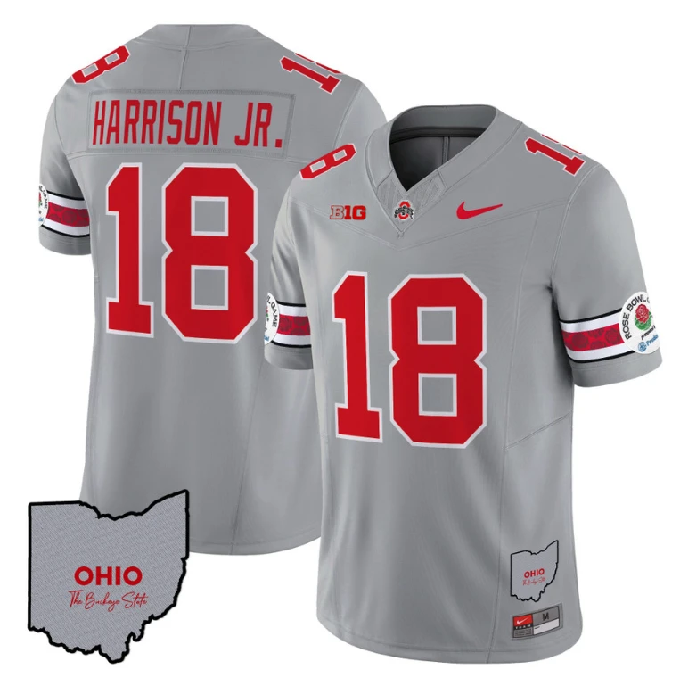 Marvin Harrison Jr Jersey #18 Ohio State Rose Bowl Patch Football V3 Gray by NCAA Football Jersey