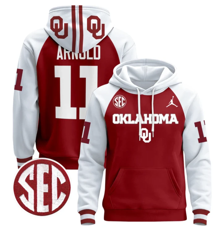 Men's Jackson Arnold Hoodie #11 Oklahoma Sooners 2024 Pullover V3 by Hoodie Pullover
