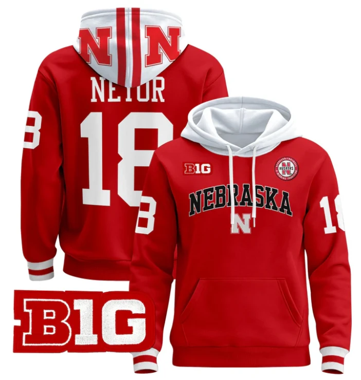 Men's Isaiah Neyor Hoodie #18 Nebraska Cornhuskers 2024 Pullover by Hoodie Pullover