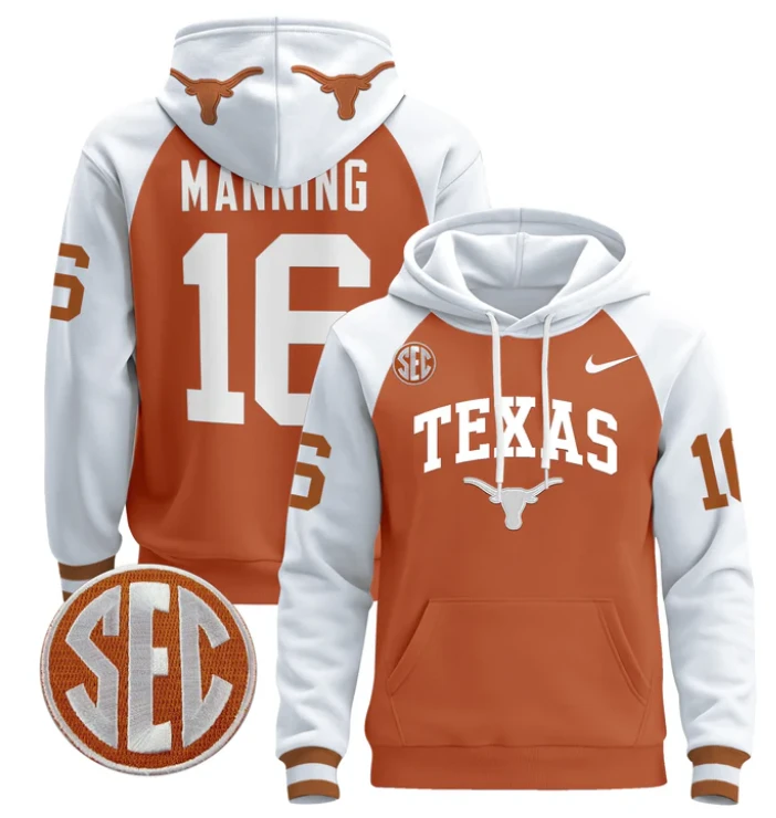 Men's Arch Manning Hoodie #16 Texas Longhorns Pullover Stitched by Hoodie Pullover