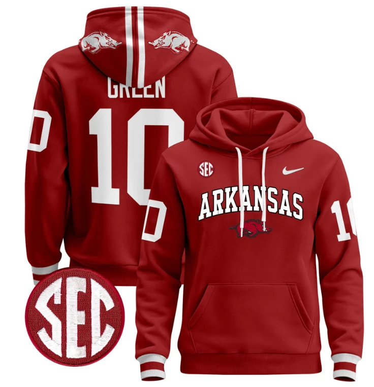 Taylen Green Hoodie #10 Arkansas Razorbacks Pullover Black Alternate by Hoodie Pullover