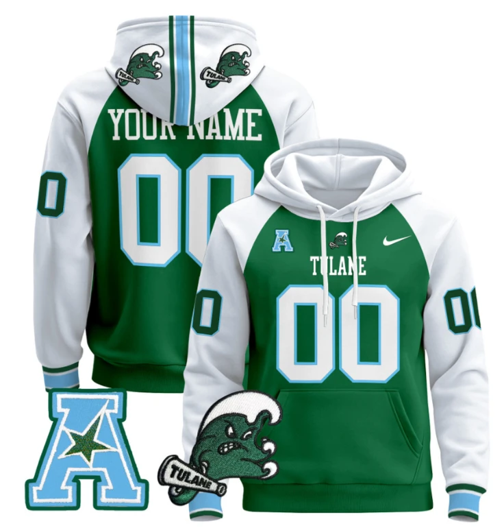 Custom Tulane Green Wave Hoodie Name, Number Pullover Blue Alternate by Hoodie Pullover