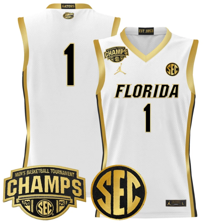 Men Team Jersey #1 Florida Gators 2025 SEC Champions Stitched White Gold by My store basketball