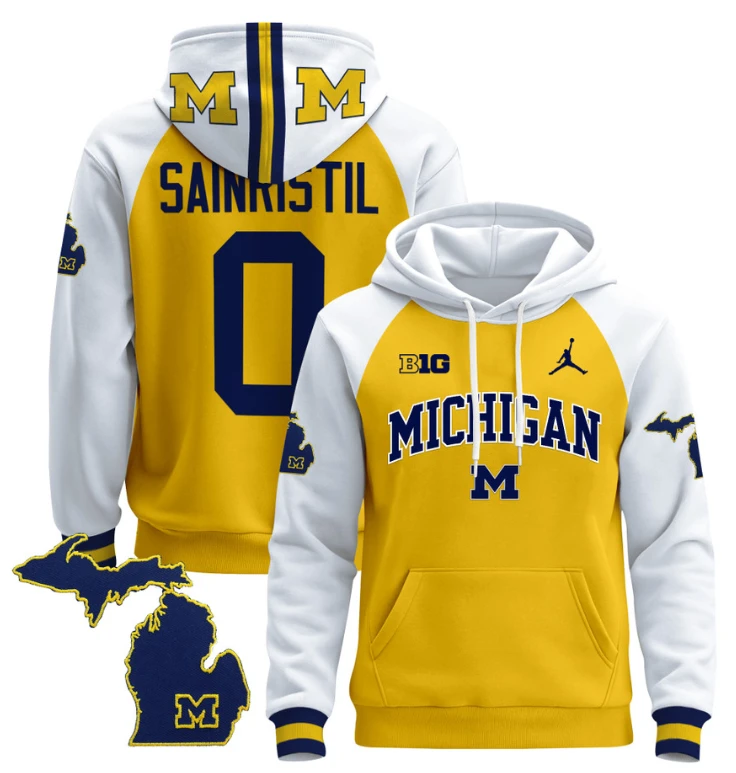 Mike Sainristil Hoodie #0 Michigan Wolverines 2024 Pullover V2 Maize Alternate by Hoodie Pullover