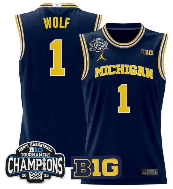 Men Danny Wolf Jersey #1 Michigan Wolverines 2025 Big Ten Champions Navy by My store basketball