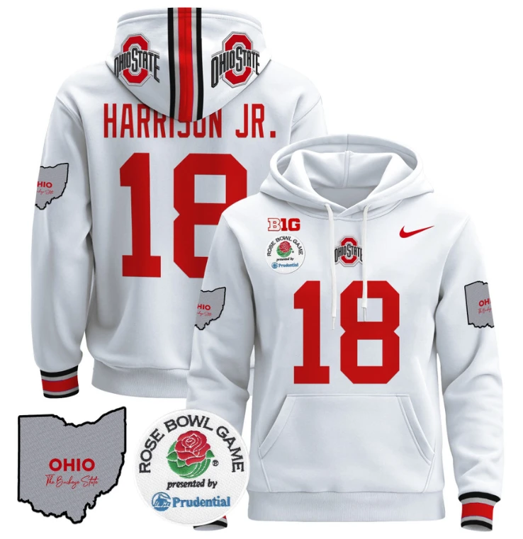 Marvin Harrison Jr Hoodie #18 Ohio State Buckeyes Rose Bowl Pullover by Hoodie Pullover