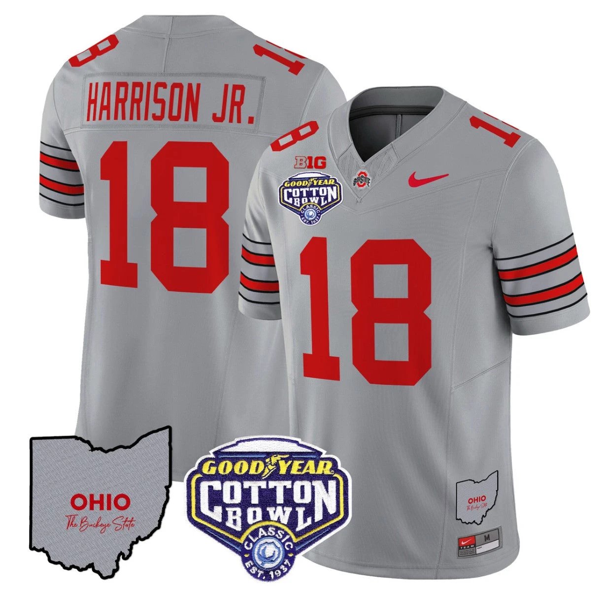 Marvin Harrison Jr Jersey #18 Ohio State Buckeyes Cotton Bowl Patch Gray by NCAA Football Jersey