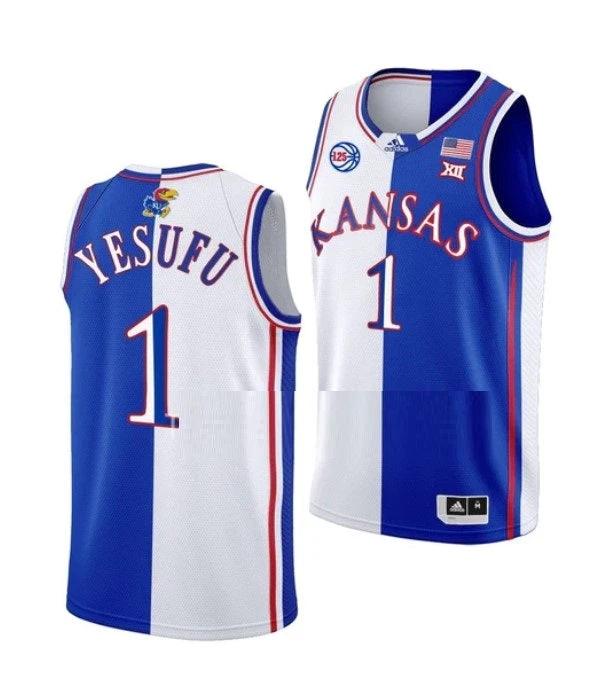 Men's #1 Joseph Yesufu Jersey Kansas Jayhawks College Basketball Jerseys Blue White Split by My store basketball
