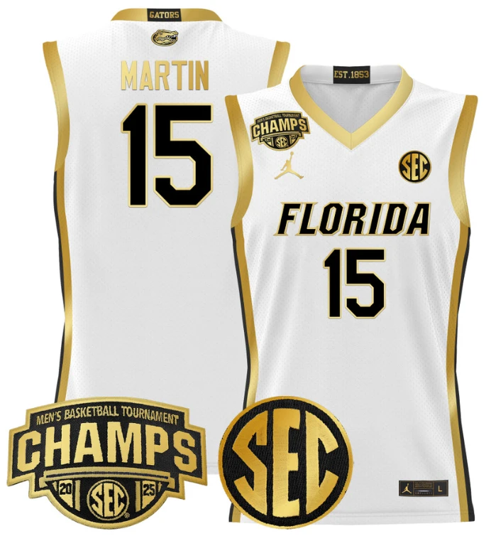 Men Alijah Martin Jersey #15 Florida Gators 2025 SEC Champions White Gold by My store basketball