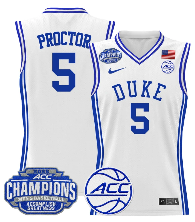Men Tyrese Proctor Jersey #5 Duke Blue Devils 2025 ACC Champions Stitched White by My store basketball