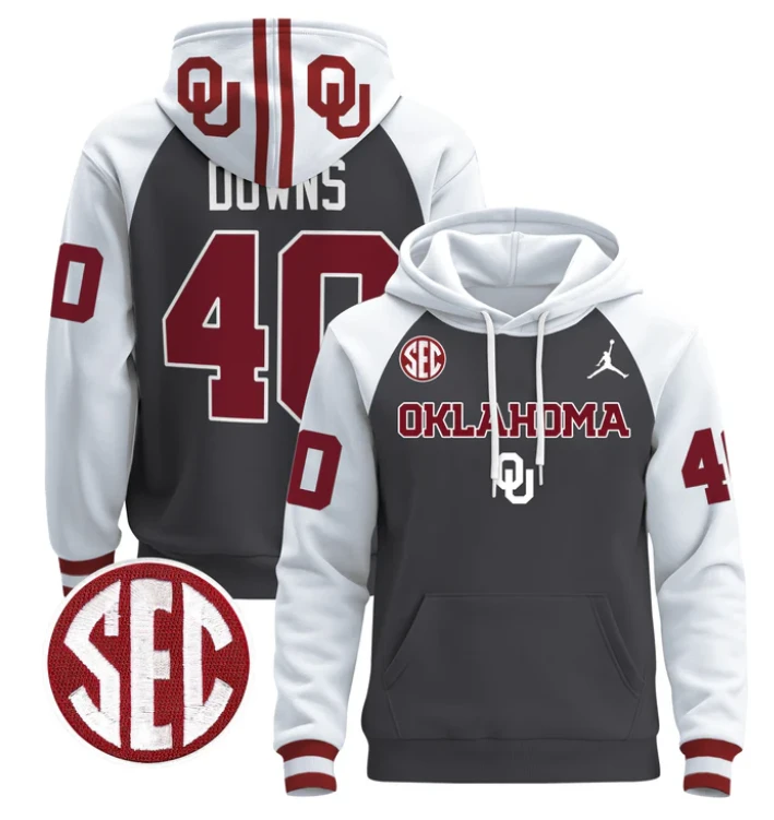 Men's Ethan Downs Hoodie #40 Oklahoma Sooners 2024 Pullover by Hoodie Pullover