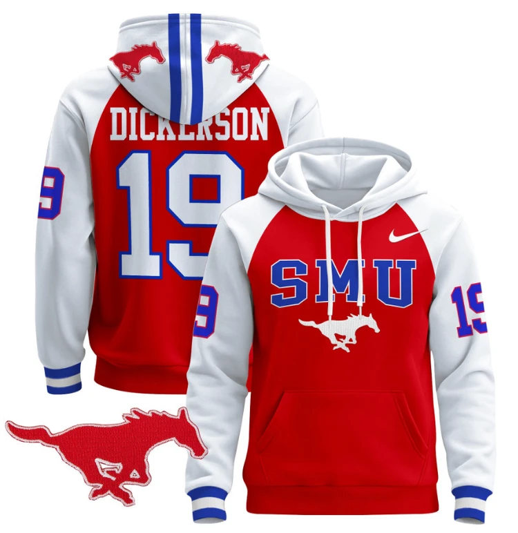Men's Eric Dickerson Hoodie #19 SMU Mustangs Pullover V2 Stitched by Hoodie Pullover