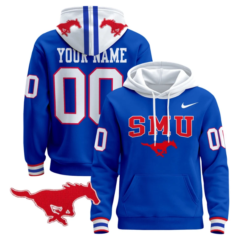 Men's Custom SMU Mustangs Hoodie 2024 Pullover V2 Stitched by Hoodie Pullover