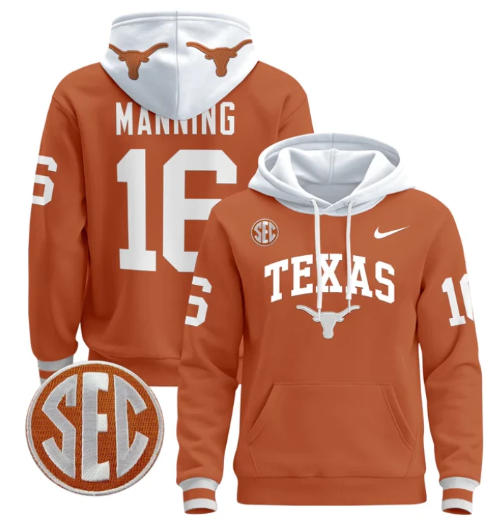 Men's Arch Manning Hoodie #16 Texas Longhorns Pullover Stitched by Hoodie Pullover