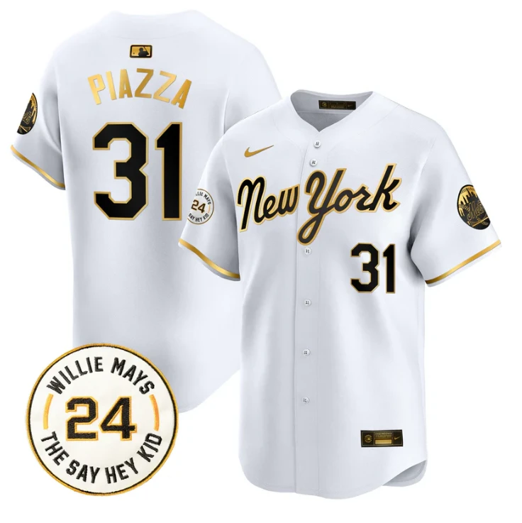 Mike Piazza Jersey #31 Mets Willie Mays Patch Vapor Premier Limited Stitched New York Gold by My Store