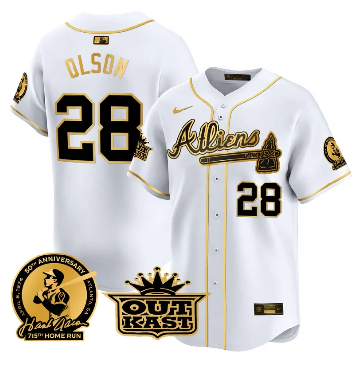 Matt Olson Jersey #28 Atlanta Braves Atliens Hank Aaron Patch Limited Stitched White Gold by My Store